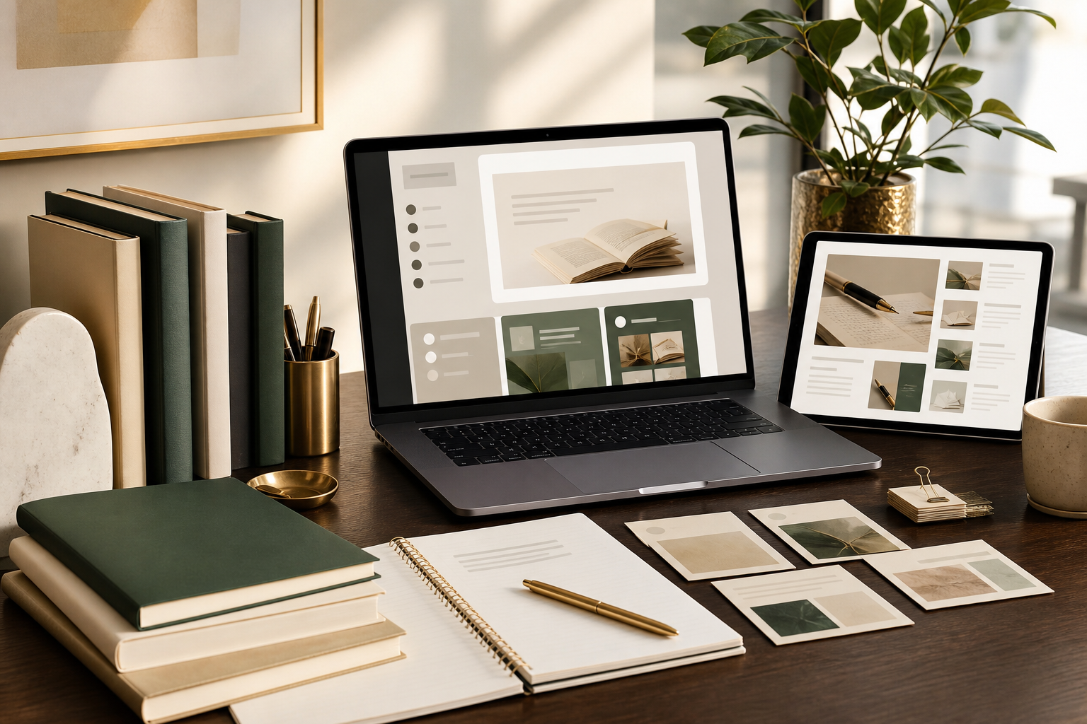 Mesa editorial com livros, laptop e tablet representando loja virtual, curso online e blog
