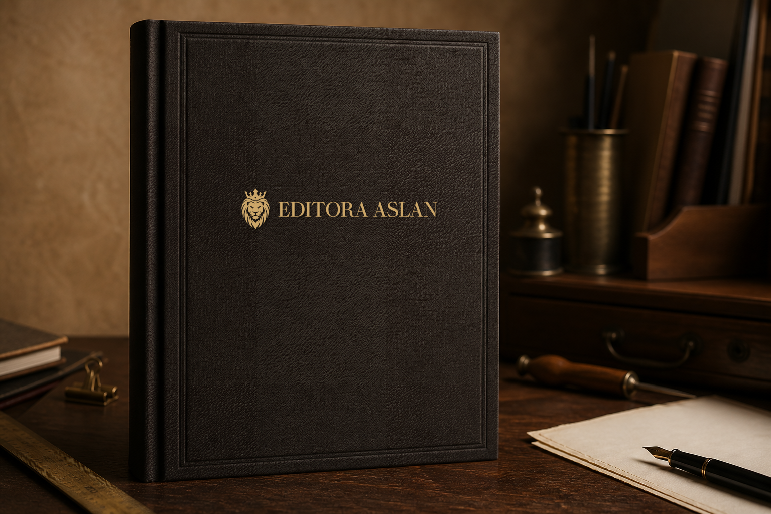 Livro de capa dura com a logo da Editora Aslan